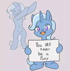Size: 1000x1016 | Tagged: safe, artist:happy harvey, derpibooru import, trixie, pony, unicorn, anti-bronybait, colored pupils, dab, drawn on phone, female, holding a sign, image, looking at you, mare, png, reality sucks, sign, sitting, smiling, standing on two hooves
