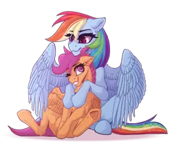 Size: 1024x868 | Tagged: safe, artist:spectrasus, derpibooru import, rainbow dash, scootaloo, pegasus, pony, female, hug, image, one eye closed, png, redraw, scootalove, simple background, smiling, transparent background, underhoof