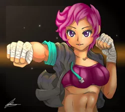 Size: 2048x1836 | Tagged: safe, artist:jennobasilicum, derpibooru import, scootaloo, equestria girls, abs, bandage, belly button, clothes, female, hoodie, image, jpeg, older, older scootaloo, punch, solo, sports bra, tape, wrist tape