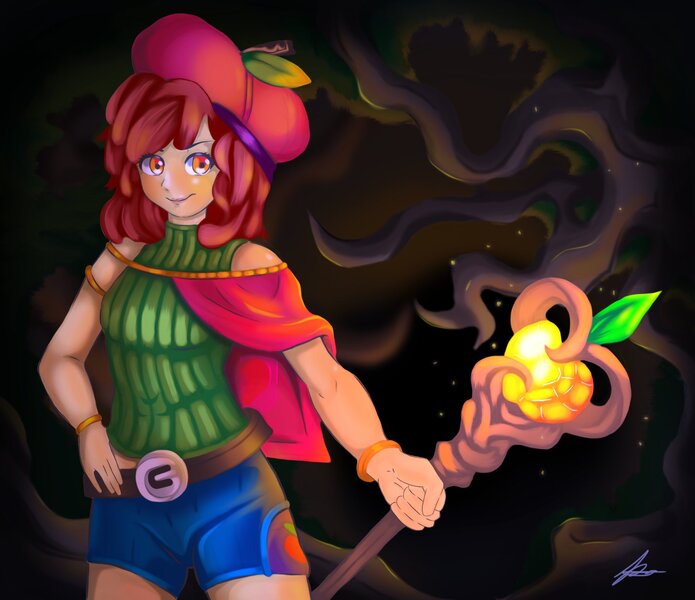 Size: 2048x1768 | Tagged: safe, artist:jennobasilicum, derpibooru import, apple bloom, human, alternate hairstyle, belt, beret, bracelet, cape, clothes, female, hat, humanized, image, jewelry, jpeg, older, older apple bloom, shorts, sleeveless, sleeveless sweater, solo, staff, sweater