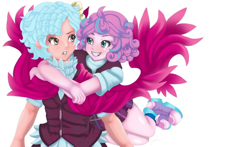 Size: 2048x1260 | Tagged: safe, artist:genvibe1, artist:jennobasilicum, derpibooru import, cozy glow, princess flurry heart, human, equestria girls, blushing, cape, clothes, cozyheart, crystal prep academy uniform, equestria girls-ified, female, freckles, hug, human coloration, humanized, image, jpeg, lesbian, older, school uniform, shipping, shirt, shoes, simple background, skirt, sneakers, socks, vest, white background