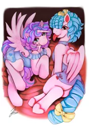 Size: 1431x2048 | Tagged: suggestive, artist:genvibe1, artist:jennobasilicum, derpibooru import, cozy glow, princess flurry heart, alicorn, pegasus, pony, :p, alternate hairstyle, bedroom eyes, blanket, butt, clothes, cozyheart, female, females only, hair over one eye, image, jpeg, lesbian, mare, nightgown, older, older cozy glow, older flurry heart, plot, see-through, shipping, tongue out, underhoof