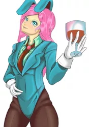 Size: 1431x2048 | Tagged: safe, artist:genvibe1, artist:jennobasilicum, derpibooru import, fluttershy, human, bunny ears, clothes, digital art, female, glass, humanized, image, jpeg, simple background, smiling, solo, wine glass