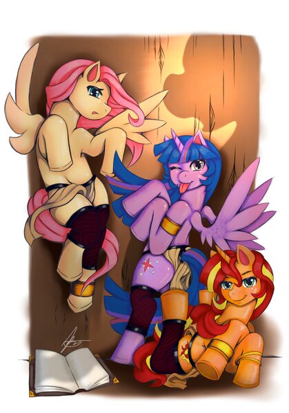 Size: 1431x2048 | Tagged: suggestive, artist:jennobasilicum, derpibooru import, fluttershy, sunset shimmer, twilight sparkle, twilight sparkle (alicorn), alicorn, pegasus, pony, unicorn, :p, anatomically incorrect, anklet, bedroom eyes, black underwear, blushing, book, bracelet, clothes, female, females only, fishnets, flying, image, incorrect leg anatomy, jewelry, jpeg, loincloth, mare, mre, offscreen character, one eye closed, open mouth, panties, raised hoof, raised leg, socks, stockings, thigh highs, tongue out, underwear, wink