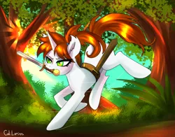 Size: 3908x3067 | Tagged: safe, artist:cali luminos, derpibooru import, pony, unicorn, belt, blushing, cute, female, forest, image, jpeg, mouth hold, sword, tree, weapon