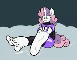 Size: 3300x2550 | Tagged: suggestive, artist:belaboy, derpibooru import, sweetie belle, anthro, plantigrade anthro, pony, unicorn, arm behind back, barcode, barefoot, big breasts, blushing, bodysuit, bondage, breasts, busty sweetie belle, clothes, commission, eye clipping through hair, eyebrows, eyebrows visible through hair, feet, female, femsub, fetish, foot fetish, foot focus, high res, image, jpeg, latex, latex suit, lip bite, mare, nervous, no catchlights, no pupils, older, older sweetie belle, shiny, signature, simple background, sitting, smiling, soles, solo, solo female, submissive, sweetiesub, tape, tape bondage, tight clothing
