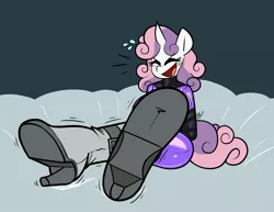 Size: 3300x2550 | Tagged: suggestive, alternate version, artist:belaboy, derpibooru import, sweetie belle, anthro, plantigrade anthro, unicorn, arm behind back, big breasts, blushing, bodysuit, bondage, boots, breasts, busty sweetie belle, clothes, commission, crying, emanata, eyes closed, feet, female, femsub, fetish, foot focus, high heel boots, high res, image, jpeg, latex, latex suit, laughing, older, older sweetie belle, open mouth, seams, shiny, shoes, signature, simple background, sitting, soles, solo, solo female, squirming, submissive, sweat, sweatdrops, sweetiesub, tape, tape bondage, tears of laughter, teary eyes, tickle fetish, tickle shoes, tickle torture, tickling, tight clothing