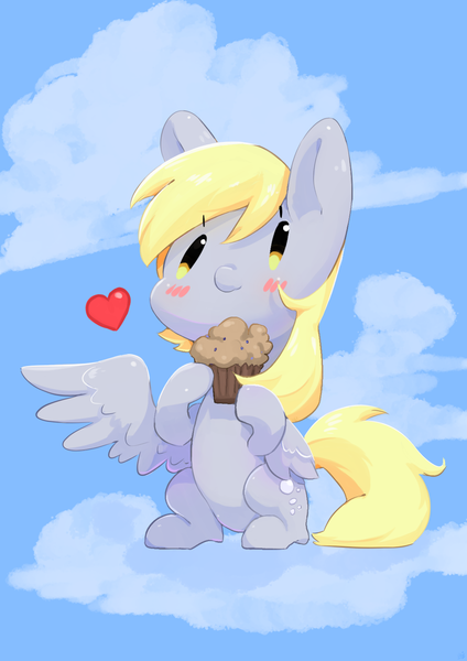 Size: 2894x4093 | Tagged: safe, artist:bubbletea, derpibooru import, derpy hooves, pegasus, pony, anime style, background pony, best pony, chibi, cloud, cute, derp, food, heart, illustration, image, love, muffin, png, sky, solo