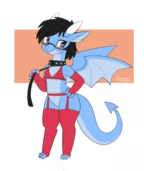 Size: 1730x2048 | Tagged: suggestive, artist:potzm, derpibooru import, oc, oc:tinker doo, dragon, clothes, collar, crossdressing, dragonified, garter belt, glasses, image, jpeg, leash, male, socks, solo, species swap, stockings, thigh highs, wings