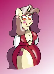 Size: 2550x3509 | Tagged: safe, artist:sparkfler85, derpibooru import, oc, oc:hymyt, unofficial characters only, anthro, pony, unicorn, big breasts, breasts, cleavage, clothes, derpibooru exclusive, dress, fancy, female, gloves, image, jewelry, makeup, mare, necklace, png, side slit, simple background, solo, thick