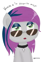 Size: 700x991 | Tagged: safe, artist:wrath-marionphauna, derpibooru import, oc, oc:oscuridad, unofficial characters only, eyeshadow, image, jewelry, makeup, necklace, png, ponylatino, solo, spanish, sunglasses