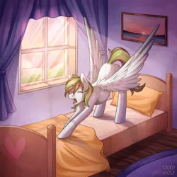 Size: 700x700 | Tagged: safe, artist:criedwolf, derpibooru import, oc, oc:weo, unofficial characters only, pegasus, pony, bed, eyes closed, image, male, morning, png, solo, spread wings, stallion, stretching, wings, yawn