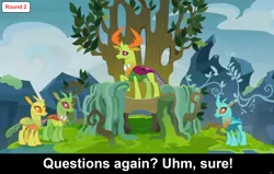 Size: 1920x1223 | Tagged: safe, derpibooru import, thorax, changedling, changeling, comic:celestia's servant interview, caption, changeling kingdom, cs captions, female, grass, image, interview, male, mountain, png, text, throne