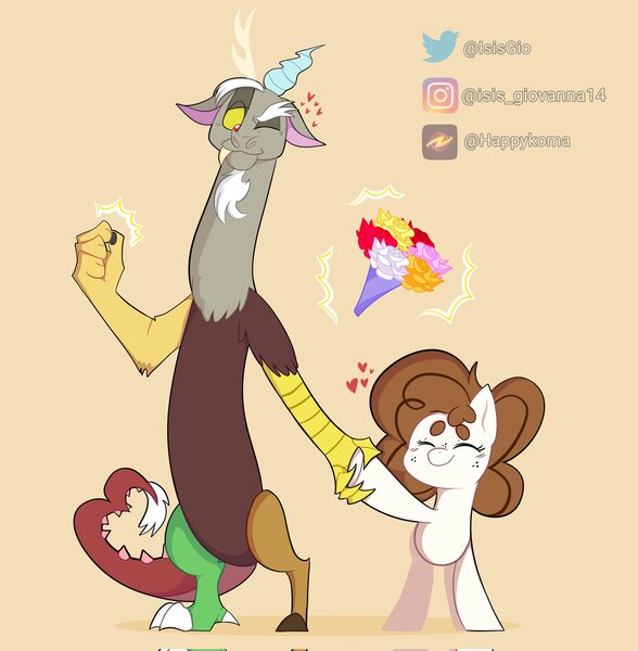 Size: 2007x2048 | Tagged: safe, artist:isisgio, derpibooru import, discord, oc, oc:ari, draconequus, pony, band, braces, dimples, flower, heart, high res, holding hands, image, instagram, jpeg, meta, one eye closed, orange background, ponytail, simple background, smiley face, spanish description, stars, sticker, twitter, wink