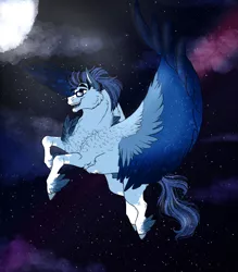 Size: 3016x3442 | Tagged: suggestive, artist:inisealga, derpibooru import, oc, oc:soaring spirit, unofficial characters only, pegasus, pony, coat markings, colored wings, facial markings, flying, image, jpeg, male, markings, moon, night, night sky, nudity, pegasus oc, sheath, simple background, sky, socks (coat marking), spread wings, stallion, wings