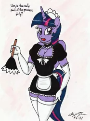 Size: 1763x2359 | Tagged: safe, artist:newyorkx3, derpibooru import, twilight sparkle, anthro, unicorn, breasts, busty twilight sparkle, choker, cleavage, clothes, dialogue, duster, evening gloves, female, garter straps, garters, gloves, image, jpeg, long gloves, maid, maid headdress, maidlight sparkle, mare, open mouth, socks, solo, stupid sexy twilight, thigh highs, traditional art