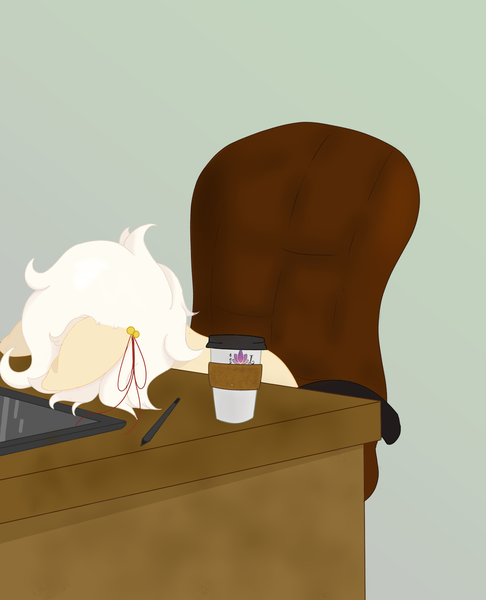 Size: 1700x2100 | Tagged: safe, artist:inanimatelotus, derpibooru import, oc, oc:clay, pony, chair, coffee, coffee cup, colored lineart, computer chair, cup, desk, drawing tablet, exhausted, facedesk, gift art, green background, image, pastel, png, ribbon, simple background, solo