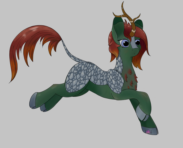 Size: 2100x1700 | Tagged: safe, artist:inanimatelotus, derpibooru import, kirin oc, oc, oc:herbal remedy, kirin, chest fluff, image, jumping, landing, leaping, midair, png, redraw, scales, simple background, soft shading, solo