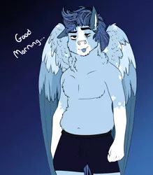 Size: 3016x3442 | Tagged: safe, artist:inisealga, derpibooru import, oc, oc:soaring spirit, unofficial characters only, anthro, pegasus, pony, boxer briefs, chest fluff, chubby, clothes, coat markings, facial markings, fluffy, folded wings, gradient background, image, jpeg, male, markings, neck fluff, partial nudity, pegasus oc, sleepy, socks (coat marking), solo, solo male, stallion, topless, wings