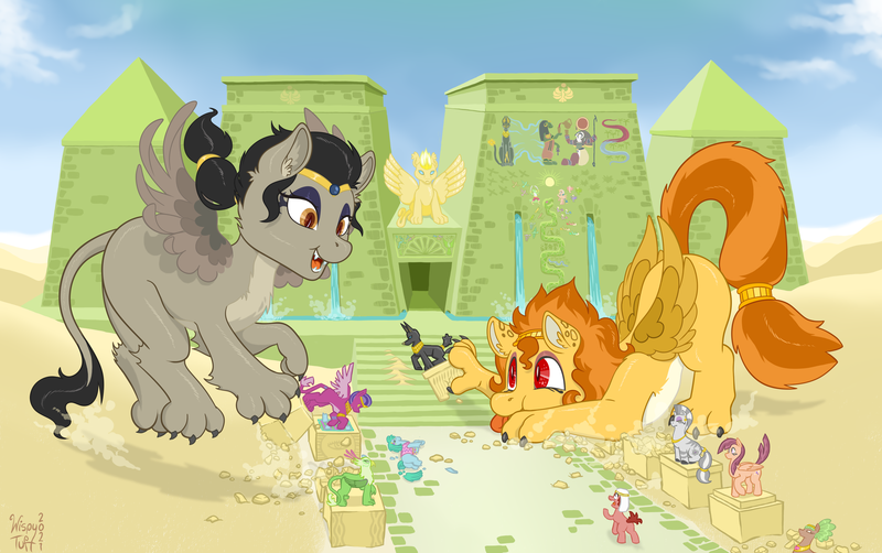 Size: 4032x2529 | Tagged: safe, artist:wispy tuft, derpibooru import, somnambula, sphinx (character), oc, oc:bathia, oc:wispy tuft, anthro, diamond dog, earth pony, gryphon, pegasus, sphinx, zebra, anubis, apopis, bastet, behaving like a cat, cute, desert, destruction, egyptian, female, giantess, image, innocent, jewelry, kitten, macro, macro/micro, makeup, micro, playing, png, ra, sekhmet, somnambula (location), thoth, waterfall