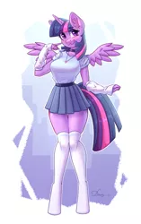 Size: 2208x3508 | Tagged: safe, artist:dandy, derpibooru import, twilight sparkle, alicorn, anthro, unguligrade anthro, :3, belt, blushing, breasts, choker, clothes, cute, ear fluff, finger on cheek, horn, image, jewelry, necklace, png, skirt, socks, wings