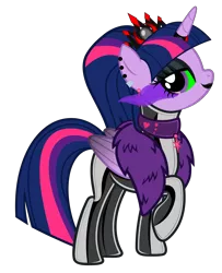 Size: 5483x6766 | Tagged: safe, alternate version, artist:severity-gray, derpibooru import, twilight sparkle, twilight sparkle (alicorn), alicorn, pony, alternate hairstyle, bedroom eyes, choker, clothes, collar, corrupted, corrupted twilight sparkle, crown, dark magic, derpibooru exclusive, dress, ear piercing, eyeshadow, feather boa, female, glowing eyes, horn, image, jewelry, latex, latex suit, lipstick, looking at you, magic, makeup, mare, piercing, png, regalia, simple background, solo, sombra eyes, transparent background, wings