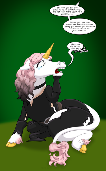 Size: 1250x2000 | Tagged: safe, artist:runningtoaster, derpibooru import, oc, anthro, unguligrade anthro, unicorn, choker, clothes, cloven hooves, dialogue, female, gradient background, horn, image, leonine tail, looking up, offscreen character, png, sitting, solo, unicorn oc