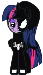 Size: 3098x5338 | Tagged: safe, artist:severity-gray, derpibooru import, twilight sparkle, twilight sparkle (alicorn), alicorn, pony, alternate hairstyle, eyeshadow, female, image, looking at you, makeup, mare, png, ponytail, sharp teeth, simple background, smiling, smiling at you, solo, symbiote, teeth, transparent background, venom