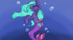 Size: 1006x550 | Tagged: safe, artist:161141, derpibooru import, oc, unofficial characters only, merpony, seapony (g4), bubble, dorsal fin, female, fish tail, flowing mane, flowing tail, image, looking at you, mermaid tail, ocean, one eye closed, png, smiling, solo, swimming, tail, underwater, water, wink