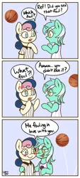 Size: 1231x2730 | Tagged: safe, artist:lyrabop, derpibooru import, bon bon, lyra heartstrings, sweetie drops, earth pony, pony, unicorn, bad joke, basketball, blushing, clothes, comic, dialogue, duo, female, image, jersey, lesbian, lyrabon, open mouth, png, pun, referee, shipping, speech bubble, sports, toronto raptors