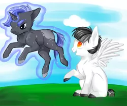 Size: 5102x4291 | Tagged: safe, artist:schokocream, derpibooru import, oc, unofficial characters only, pegasus, pony, unicorn, cloud, colored hooves, colt, duo, female, filly, image, levitation, magic, male, outdoors, pegasus oc, png, raised hoof, self-levitation, smiling, telekinesis, wings