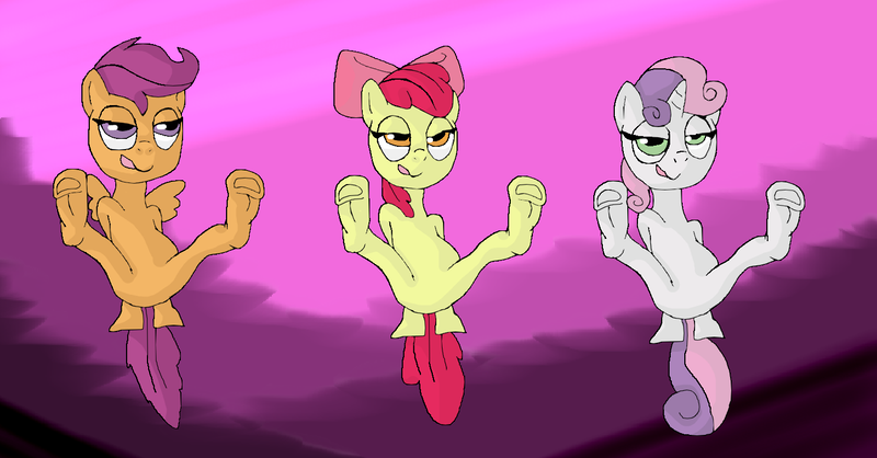 Size: 1475x771 | Tagged: suggestive, artist:mojo1985, derpibooru import, apple bloom, scootaloo, sweetie belle, earth pony, pegasus, pony, unicorn, cutie mark crusaders, female, filly, image, licking, licking lips, png, pose, spread legs, spreading, tongue out