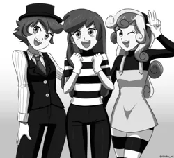 Size: 985x900 | Tagged: safe, artist:riouku, derpibooru import, apple bloom, scootaloo, sweetie belle, equestria girls, black and white, clothes, commission, cutie mark crusaders, dress, face paint, female, gloves, grayscale, hat, image, jeans, makeup, mime, monochrome, one eye closed, open mouth, open smile, pants, png, shirt, smiling, socks, stockings, striped socks, suit, t-shirt, thigh highs, top hat, trio, vest, wink