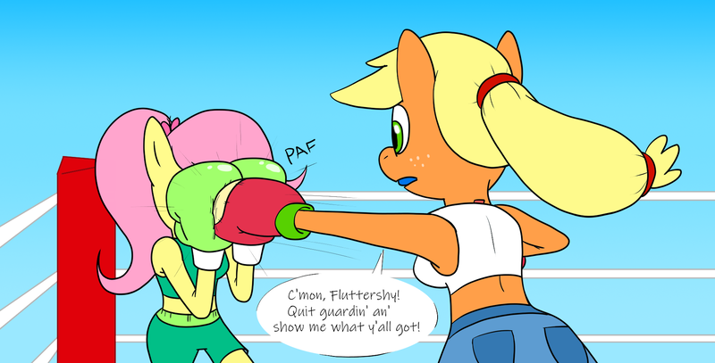 Size: 1920x976 | Tagged: safe, artist:strangefacts101, derpibooru import, applejack, fluttershy, anthro, earth pony, pegasus, alternate hairstyle, boxing, boxing gloves, boxing ring, boxing shorts, clothes, comic, denim shorts, guarding, image, mouth guard, png, punch, shorts, sparring, sports, tanktop