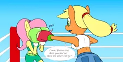 Size: 1920x976 | Tagged: safe, artist:strangefacts101, derpibooru import, applejack, fluttershy, anthro, earth pony, pegasus, alternate hairstyle, boxing, boxing gloves, boxing ring, boxing shorts, clothes, comic, denim shorts, guarding, image, mouth guard, png, punch, shorts, sparring, sports, tanktop