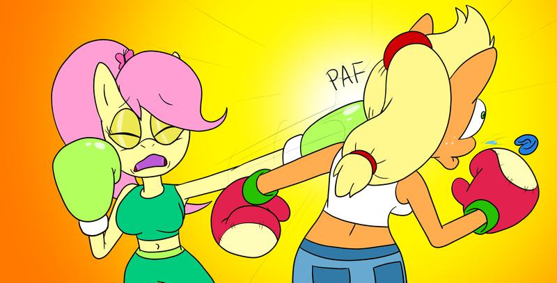 Size: 1920x976 | Tagged: safe, artist:strangefacts101, derpibooru import, applejack, fluttershy, haymaker, anthro, earth pony, pegasus, alternate hairstyle, boxing, boxing gloves, boxing ring, boxing shorts, clothes, comic, denim shorts, eyes closed, image, mouth guard, png, punch, shorts, sparring, sports, tanktop, trunks
