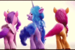 Size: 480x318 | Tagged: safe, derpibooru import, screencap, izzy moonbow, pipp petals, sunny starscout, earth pony, pegasus, pony, unicorn, my little pony: a new generation, spoiler:g5, spoiler:my little pony: a new generation, adorasexy, animated, butt, butt shake, cropped, cute, female, g5, gif, image, looking at you, looking back, mare, plot, rear view, sexy, shaking, tail wag, twerking