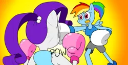 Size: 1920x976 | Tagged: safe, artist:strangefacts101, derpibooru import, rainbow dash, rarity, anthro, pegasus, unicorn, alternate hairstyle, boxing, boxing gloves, boxing ring, boxing shorts, clothes, fight, image, mouth guard, png, punch, shoes, shorts, sparring, sports, tanktop, trunks, wings