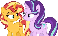 Size: 4298x2704 | Tagged: safe, artist:sirrainium, derpibooru import, starlight glimmer, sunset shimmer, pony, unicorn, base used, female, image, lesbian, looking at each other, mare, png, shimmerglimmer, shipping, simple background, transparent background, vector