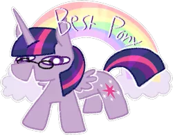 Size: 671x524 | Tagged: safe, artist:olivecow, derpibooru import, twilight sparkle, twilight sparkle (alicorn), alicorn, pony, best pony, glasses, image, png, rainbow, simple background, solo, stylistic suck, transparent background