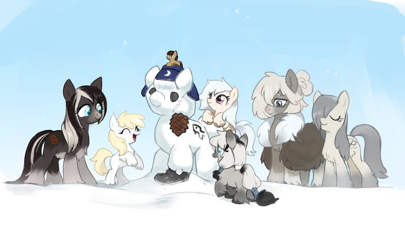 Size: 2562x1441 | Tagged: safe, artist:marbo, oc, oc:arctic ink, oc:bundle up, oc:current seeker, oc:pine ponder, oc:puffins, oc:whittlehoof, unofficial characters only, pony, taiga pony, boot, clothes, female, filly, fluffy, happy, image, mare, pinecone, png, simple background, snow