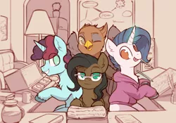 Size: 5098x3569 | Tagged: safe, artist:yoditax, derpibooru import, oc, oc:errorstream, oc:gunther steele, oc:silk wright, oc:yodi, unofficial characters only, earth pony, gryphon, mouse, pony, unicorn, binary typewriter, book, coffee, coffee mug, cute, desk, drawing, female, filing cabinet, glasses, griffon oc, group, heart song games, image, lamp, looking at you, male, mug, painting, paper, pencil, png, programming, refrigerator, sitting, tongue out, whiteboard, working, writing