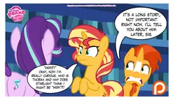 Size: 3212x1832 | Tagged: suggestive, artist:terminalhash, derpibooru import, editor:wild stallions, starlight glimmer, sunburst, sunset shimmer, comic:the first incestuous foal of sunset shimmer, my little porno: friendship with benefits, brother and sister, explicit description, explicit source, female, funny porn, image, implied incest, implied sex, male, patreon, png, preview, reverse cowgirl, shimmerburst, shipping, shocked, show accurate, show accurate porn, siblings, straight, sunny siblings