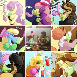 Size: 1280x1280 | Tagged: suggestive, artist:jamearts, derpibooru import, fluttershy, oc, anthro, dragon, lizard, pegasus, canon x oc, clothes, crown, dragoness, dress, female, heart, humale, image, jewelry, kissing, png, princess peach, regalia, short, smiling, super mario bros., vivian, wingless, wingless anthro