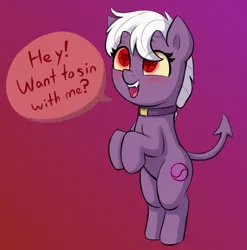 Size: 2368x2392 | Tagged: safe, artist:heretichesh, derpibooru import, oc, unofficial characters only, demon, demon pony, original species, pony, bipedal, choker, dialogue, fangs, female, filly, gradient background, image, jpeg, pentagram, pentagram eyes, solo, spaded tail, speech bubble, wingding eyes