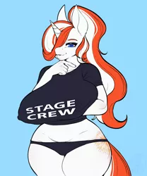 Size: 2000x2400 | Tagged: suggestive, artist:spamjamz, derpibooru import, oc, oc:glittering lights, unofficial characters only, anthro, unicorn, bedroom eyes, big breasts, breasts, clothes, curvy, erect nipples, female, hourglass figure, huge breasts, image, lips, midriff, nipple outline, png, ponytail, shirt, solo, solo female, stage crew, thick, wide hips