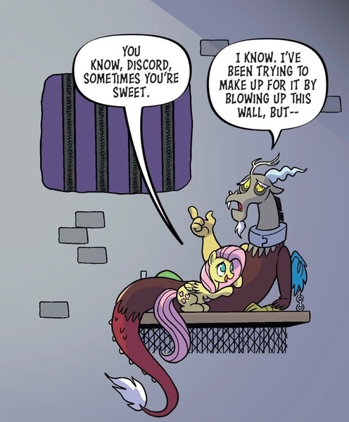 Size: 750x907 | Tagged: safe, artist:tonyfleecs, derpibooru import, idw, discord, fluttershy, draconequus, pegasus, pony, spoiler:comic, spoiler:comic96, collar, dialogue, duo, female, image, jail, jpeg, lying down, male, mare, prone, speech bubble