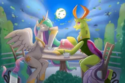 Size: 1280x851 | Tagged: source needed, safe, artist:mekh, derpibooru import, princess celestia, thorax, alicorn, changedling, changeling, inflatable pony, cake, food, image, inflatable, inflatable toy, jpeg, table, wind