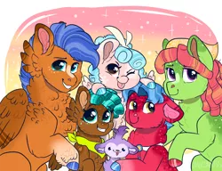 Size: 1456x1117 | Tagged: safe, artist:moccabliss, derpibooru import, biscuit, cozy glow, spur, tree hugger, earth pony, pegasus, pony, a better ending for cozy, boofy, cheek fluff, chest fluff, colored hooves, colt, family, female, filly, floppy ears, fluffy, headcanon, image, looking at you, male, mare, one eye closed, png, shipping, stallion, straight, tongue out, wink, winking at you