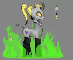 Size: 985x812 | Tagged: safe, artist:zettaidullahan, derpibooru import, oc, oc:silken soul, monster pony, pony, succubus, succubus pony, series:monstermaresandyou, annoyed, clothes, collar, female, fire, gray background, green fire, horns, image, jpeg, mare, ponytail, reference sheet, simple background, socks, solo, stockings, succubus tail, thigh highs